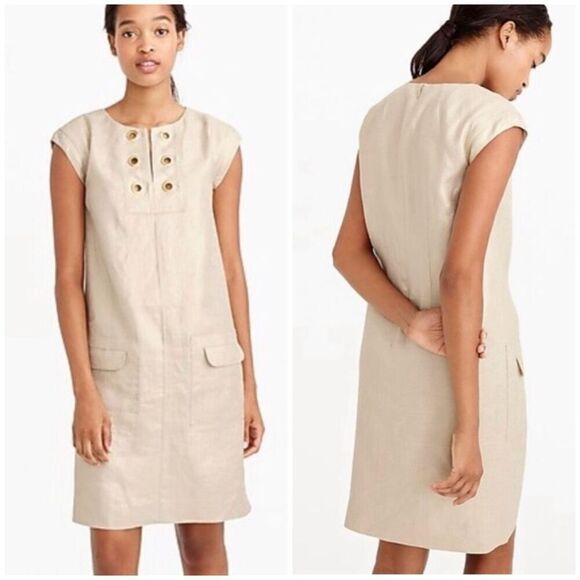 J Crew Beige Gold Metallic Linen Shift Dress Size 0 Grommet V-neck Cap Sleeve - Picture 1 of 12